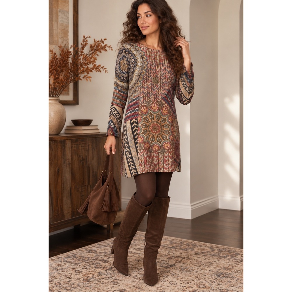 Cotton Wool Blend Mandala Patchwork Print Oversized Tunic Mini Dress Boho Aztex